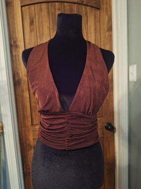 Ruched Deep V Brown Halter Tank Top Med